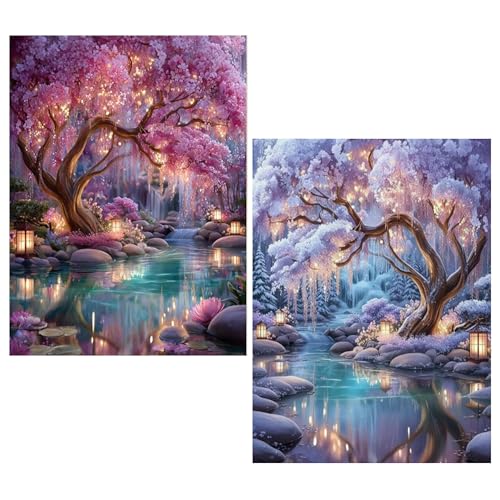 KUFWKEY 2pack Diamond Art Kits for Adults,Tree Landscape Diamond Paintings Kits for Beginners,Glowing Dream Forest Paint by Diamond,5D DIY Diamond Dots,Diamond Mosaic Gem Art,Home Decor 12x16 Inch - color: AM801802
