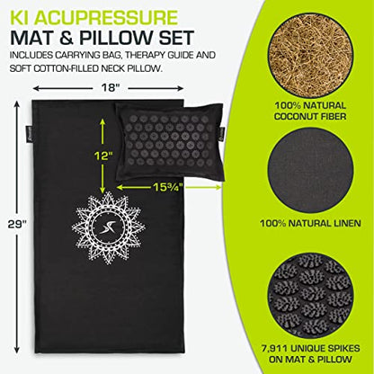 ProsourceFit Ki Acupressure Mat and Pillow Set with 100% Natural Linen for Back/Neck Pain Relief and Muscle Relaxation - color: Black Pearl