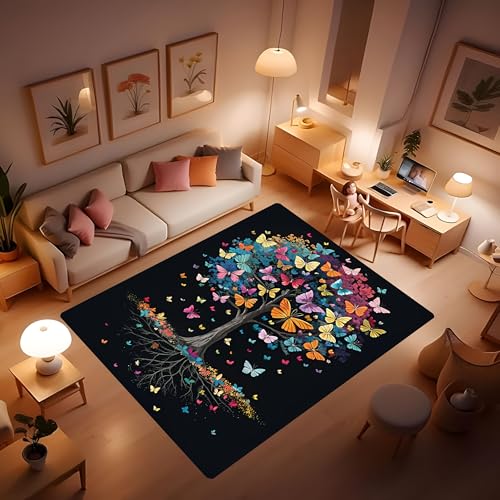 Living Room Rugs Butterfly Tree Carpet, Low Pile mat, Rubber Backing, Washable Non-Slip Large Rug for Dining Room Bedroom, Black 2'x3' - color: Butterfly 4, size: 2'x3'