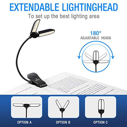 Vekkia 14 LED Book Light with Charger & Travel Case | Cover Both Page, Warm/White Reading Light with Clamp/Lightweight Eye Care Book Lamp/Great for Readers - color: Sable Black