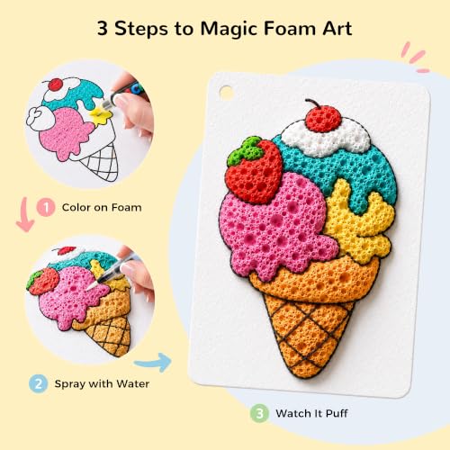 RuiHawk 95 Pcs Magic Foam Painting Refill Kit, 75 Sheets 3D Textured Paper, 3 Water Brushes, 10 Keychains – Mess-Free, Water-Activated, Non-Toxic – with Gift Box, Travel Art Set for Kids Ages 5-10 - color: 75 Foam Refill Kit + 20 Accessories
