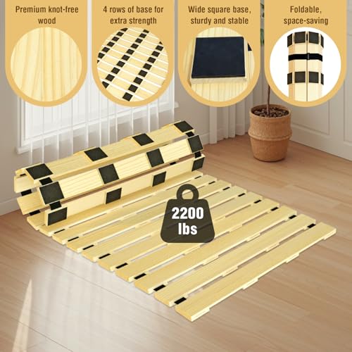 Japanese Tatami Mat Floor Bed, Knotless Solid Wood, Roll-Up Slatted, Bed Plate with 2 Storage Straps, Moisture-Proof and Breathable for Floor Sleeping or Futon Mattress, Twin - size: Twin