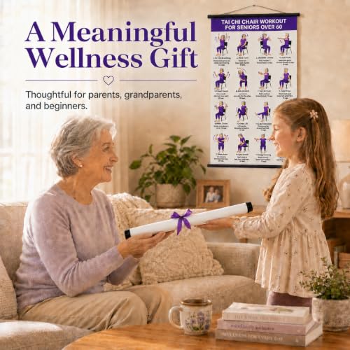 Tvisenva Tai Chi Chair Workout Chart for Seniors - Chair Tai Chi Exercise Poster for Beginners - 16 Seated Tai Chi Movements for Balance, Flexibility, Mobility and Relaxation - 16 x 24 Inch Wall Art