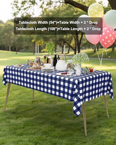 Smiry 8 Packs Gingham Disposable Table Cloth, 54 x 108 Inch Waterproof Plastic Tablecloth, Rectangle Navy and White Checkered Table Covers for Picnic, Birthday, Party - color: Navy and White, size: 54"x108" (Pack of 8)