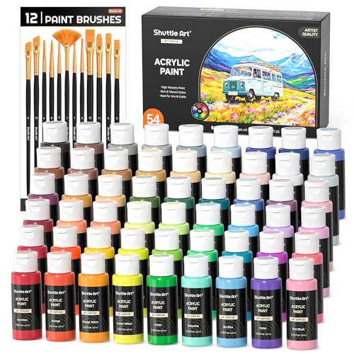 54 Colors Acrylic Paint, Shuttle Art Acrylic Paint set with 12 Paint Brushes, 2oz/60ml Bottles, Rich Pigmented, Water Proof, Premium Paints for Artists, Beginners and Kids on Canvas Rocks Wood Ceramic - color: Regular, size: 2 Fl Oz (Pack of 54)