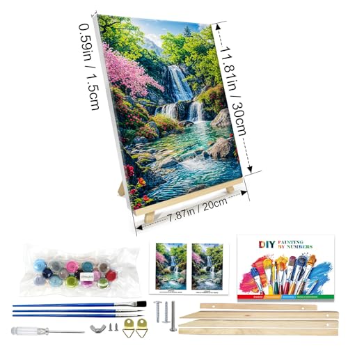 JOOZ Paint by Numbers Kit for Adults with Frame, Landscape Paint by Number with Easel, Mountain Waterfall Paint by Number Canvas, DIY Landscape Oil Painting Kit for Home Wall Decor 8x12 Inch - color: Mountain Waterfall 269