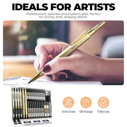 Nicpro 37PCS Gold Art Mechanical Pencil Set, 0.3/0.5/0.7/0.9/2mm Point | 360 Lead Refills(6B 4B 2B HB 2H 4H) 4 Erasers+18 Eraser Refills, Full Metal, School Supplies for Sketching Drawing Drafting - color: Gold, style: 0.3 0.5 0.7 0.9 2.0