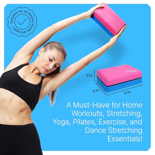 Yoga Blocks 2 Pack with Strap and Guide – Soft Non-Slip EVA Foam Blocks | High-Density Pilates Blocks for Home Workouts, Dance, Ballet, Gymnastics & Stretching Exercise, Dance Accessories and Gifts - color: Pink/Blue - Stretch Band Blue