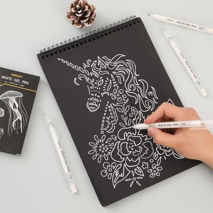 HNIHUY White Gel Pens,1mm, 0.8mm Fine Point White Pens Set, 6 Pack | Opaque White Archival Ink Pen for Black Paper Drawing, Sketching, Illustration, Bullet Journaling - color: White