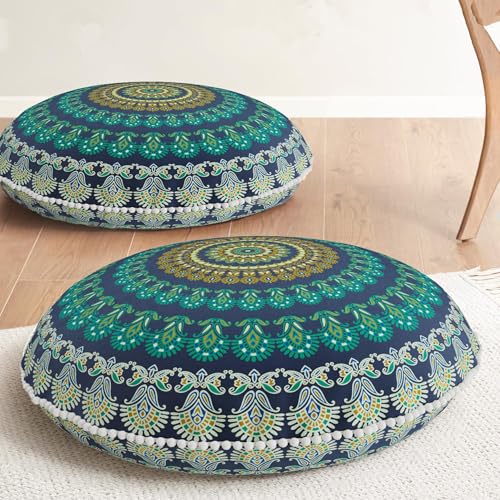 Codi Floor Pillows 2 Pack, Large Meditation Cushions for Adults, 32-inch | Oversized round seating for yoga & zen, Supportive shredded memory foam filling, Removable machine washable boho cover, Green - color: Round | Green, size: 2 Count (Pack of 1)