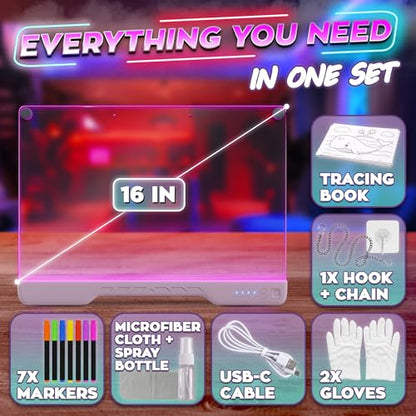 Upgraded 16-Inch LED Drawing Board Rechargeable – 7 Colors, 10 Lighting Effects, Adjustable Brightness – Acrylic Light Board for Tracing with Stand, Markers & Complete Set - style: Pink