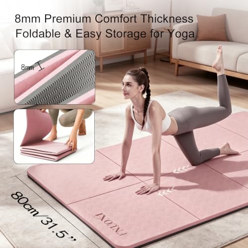 Foldable 8mm Thick Wide Yoga Mat Double-Sided Non Slip w/Carry Bag - color: pink