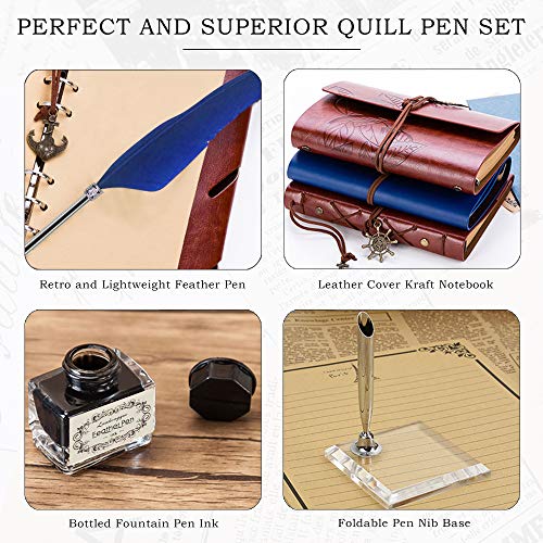 GCCL Quill Pen and Ink Set, Antique Feather Dip Calligraphy Pen Set, including Feather Pen, 5 Replacement Nibs, Pen Nib Base, Notebook, Ink, Gift Box, Best Gifts for Him Men Dad (Blue) - color: Blue