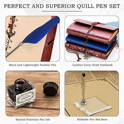 GCCL Quill Pen and Ink Set, Antique Feather Dip Calligraphy Pen Set, including Feather Pen, 5 Replacement Nibs, Pen Nib Base, Notebook, Ink, Gift Box, Best Gifts for Him Men Dad (Blue) - color: Blue