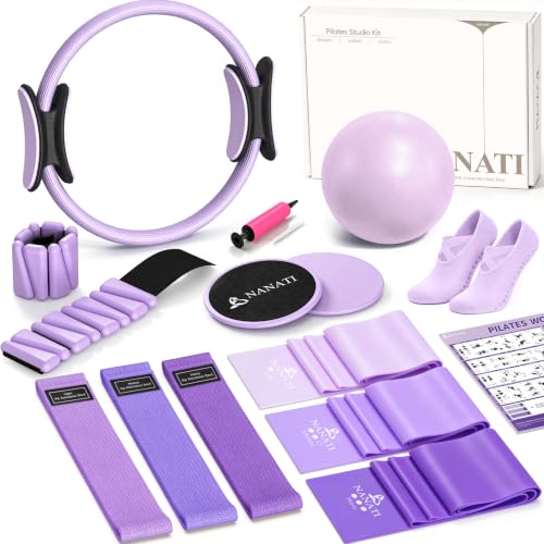 NANATI Pilates Kit, Home Pilates Workout Kit for Women, Pilates Equipment with 14.5"" Pilates Ring and Ball, Resistance Bands, Ankle Weights, Sliders & Grip Socks for Home Workouts - color: Purple