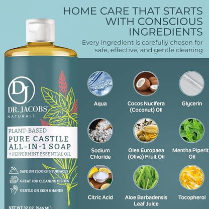 Dr. Jacobs Naturals Peppermint Castile All-in-One Cleaner and Soap - Plant-Based Formula for House Cleaning Floors and Appliances - Gentle on Skin and the Planet - 32 oz, 1 Pack - size: 32 Fl Oz (Pack of 1), style: Peppermint
