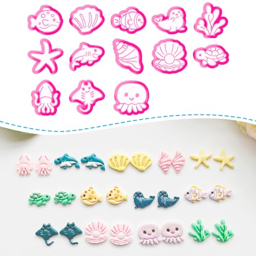 Under The Sea Polymer Clay Cutters Set - 13pcs Ocean Life Shapes Including Seal, Turtle, Jellyfish, Starfish, Dolphin & Shells for DIY Earring Jewelry, Soft Clay Crafts & Scrapbooking - color: V color