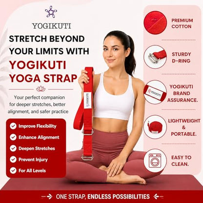 Yogikuti Double Buckle Yoga Strap - Adjustable Stretching Strap for Enhanced Flexibility in Yoga, Pilates, and Physical Therapy, Available in Various Colors and Lengths for All Fitness Levels - color: Red