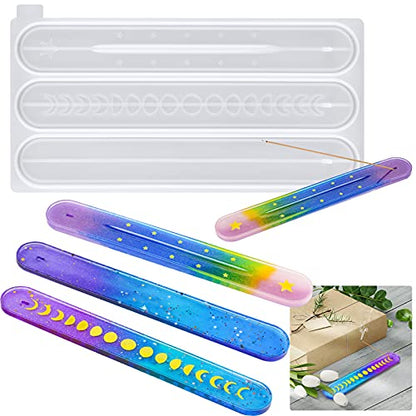 NiArt Incense Stick Holder Silicone Mold, Moon Resin, 10 Inch, 3 Designs | 3 Designs with Stars and Plain, 10 Inch Long, Easy Release, BPA-Free, Reusable, Heat Resistant, Fits Epoxy, Clay, Concrete - style: Incense Stick Holder