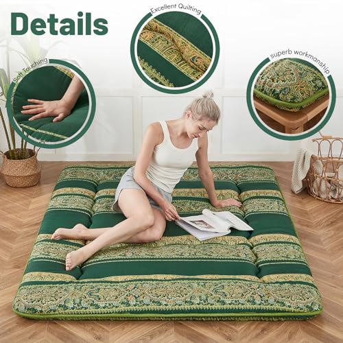 Zelladorra Japanese Floor Mattress, Futon Mattress | Roll Up Tatami Mat with Portable Storage Bag and Washable Cover, Suitable for Camping, Guest Room, Bohemian Green - color: Bohemian Green ( 4"th + Dust Cover ）, size: Full (80"L x 54"W)