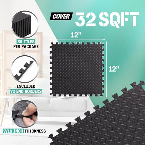 Yes4All Interlocking Exercise Foam Mats with Border – Interlocking Floor Mats for Gym Equipment – Eva Interlocking Floor Tiles - 36 Square Feet (36 Tiles) - Black - color: Black, style: 7/16" Thickness, 32 SQFT