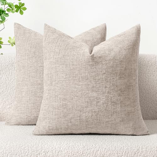MIULEE Soft Chenille Throw Pillow Covers Light Brown 16x16 Inch Pack of 2 | Modern Home Decor, Classic Decorative Pillows, Solid Dyed Cases, Boho Couch Cushion Covers for Sofa Bed Living Room - color: Light Brown, size: 16" x 16" (Pack of 2)