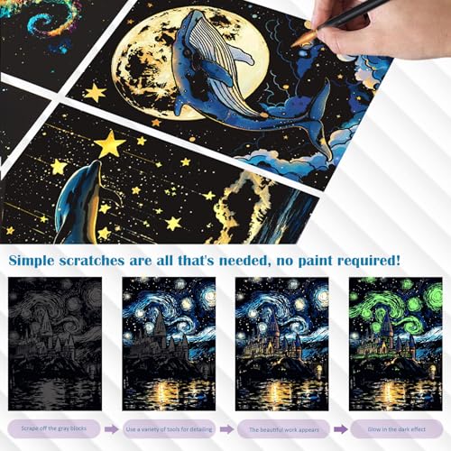 Scratchboard Art for Adults Luminous Scratch Painting Kits-A5/8 PCS-Dreams | Glow in Dark Scratch Card Art Kit, Calming DIY Activity for Adults Teens, Mindful Hobby, Stress Relief Craft and Wall Art - style: Dream