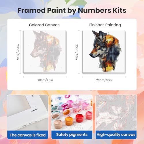 HEIBAGO 4 Pack Wild Animals Framed Paint by Numbers Kit for Adults Beginner, Adult Paint by Number Kits, DIY Small Easy Acrylic Oil Painting for Wall Decor 8 x 8 Inch (Bear Wolf Eagle and Lynx) - color: Wild Animals