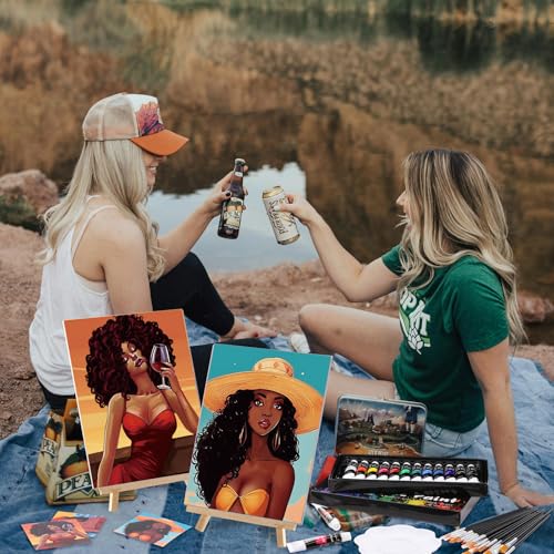 Cholemy 36 Pcs Paint and Sip Kit Gift for Adults 8''x10'',Fashion Women | Pre Drawn Canvas, Painting DIY Afro Acrylic Painting Kit, Wood Easel Brushes, Date Night Bulk, Summer Halloween Party - style: Fashion Women