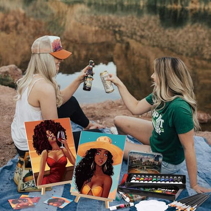 Cholemy 36 Pcs Paint and Sip Kit Gift for Adults 8''x10'',Fashion Women | Pre Drawn Canvas, Painting DIY Afro Acrylic Painting Kit, Wood Easel Brushes, Date Night Bulk, Summer Halloween Party - style: Fashion Women