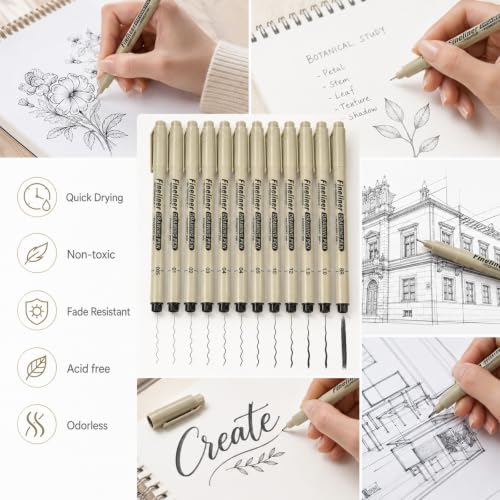 12 Pcs Archival Inking Markers Black Fineliner Drawing Art Pens | Fine Line Pens, Waterproof Markers, Sketch Outline Pen for Detail Outlining Drawing Sketching, Manga Watercolor Calligraphy