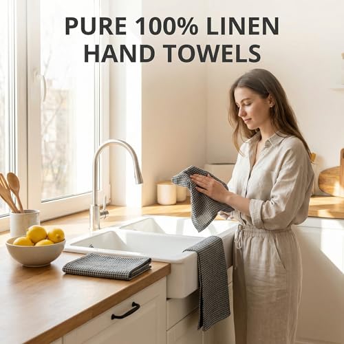 100% Linen Hand Towels 2-Pack - 14x28-inch Thin Waffle Weave, Black-Natural - color: Black Natural, size: Hand Towels