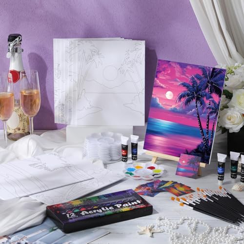 Ctosree 72 Pcs Vivid Sunset Paint and Sip Kit for Adults 8'' x 10'' Pre Drawn Canvas for Painting DIY Pre Printed Canvas for Party Favor Acrylic Painting Kit Wood Easel Brushes Date Night Bulk - style: Vivid Sunset