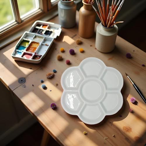 2Pcs White Porcelain Watercolor Palette - Washable Ceramic Paint Tray with Non-Stick Surface, Professional Artist-Grade Mixing Palette for Studio and Outdoor Painting