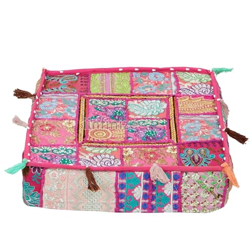 Mam Treasures Indian Bohemian Decorative Pillow Vintage Cushion Cover Patchwork Square Floor Pillow Cover Meditation Cushion Large Floor Pillow Indian Cushion (Pink, 16 X 16 X 5 Inch) - color: Pink, size: 16" x 16" (Pack of 1)