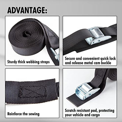 Cartman 1" x 15 ft Cam Buckle Straps, 4 Pack, 600 lb Break Strength, Black - color: Black, size: 4 PK