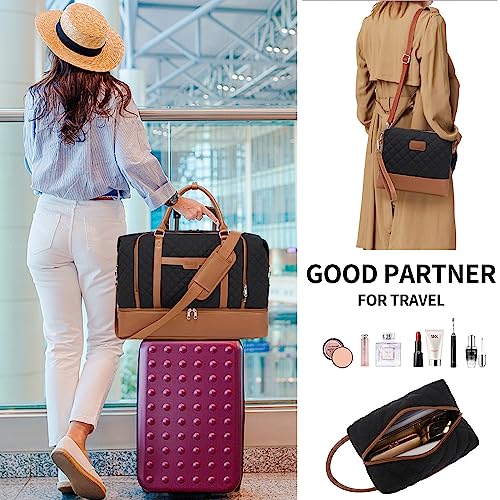 Weekender Bag, Large Travel Duffel Bag for Women, Carry on Overnight Bag with Shoe Compartment and Toiletry Bags - color: Black-Brown