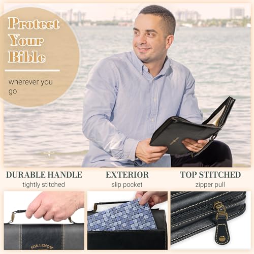Christian Art Gifts Classic Vegan Leather Premium Inspirational Bible Cover for Men & Women: Know the Plans Encouraging Scripture Verse, Pen Loops, Ribbon Bookmarks, Pockets, Charcoal/Black/Gold, XL - size: XL