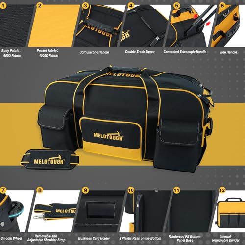 MELOTOUGH Rolling Tool Bag with Wheels,Large Capacity Tool Bag Organizer with Concealed Telescoping Handle for Electrician,Construction,HVAC,Technician (Yellow/Black) - color: Yellow/Black