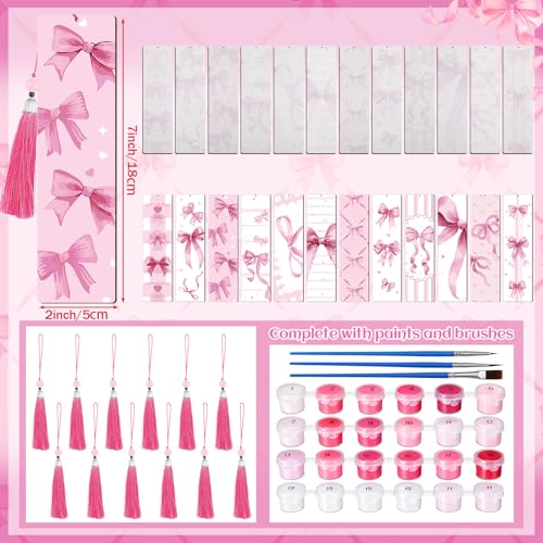 Kosiz 12 Pcs Pink Bow Paint by Number Kit for Adult Wood Bookmark | Mini Paint by Numbers Kit, Painting Decor, Tiny Tassels Blank Bookmarks, for Small DIY Craft Book Lovers Gift 7x2 '' - style: Pink Bow