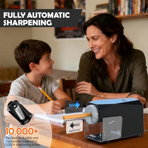 AFMAT Electric Pencil Sharpener, Fast & Hands-Free, 10K+ Uses, 5 Nibs, Fully Automatic Pencil Sharpener for Classroom, Heavy Duty Sharpeners for No.2/Jumbo/Colored Pencils (φ6.5-10.5mm) US Plug(120V) - color: Black
