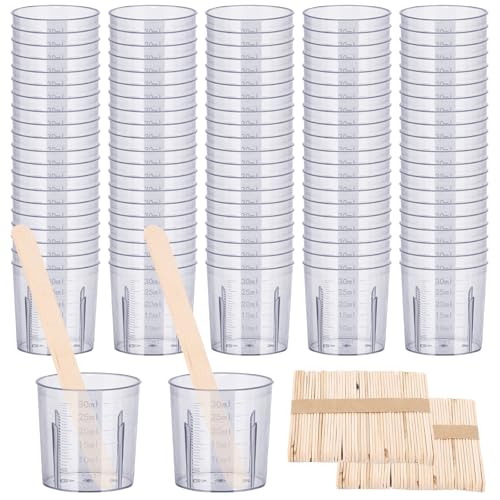Resin Measuring Cups and Sticks, 200PCS Disposable Mixing Cups Set - 100PCS 30ml Graduated Measuring Cups and 100PCS Wooden Stir Sticks for Epoxy Resin, Glue, Paint Pouring - color: Clear cups+wooden stick, size: 30ml