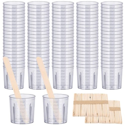 Resin Measuring Cups and Sticks, 200PCS Disposable Mixing Cups Set - 100PCS 30ml Graduated Measuring Cups and 100PCS Wooden Stir Sticks for Epoxy Resin, Glue, Paint Pouring - color: Clear cups+wooden stick, size: 30ml