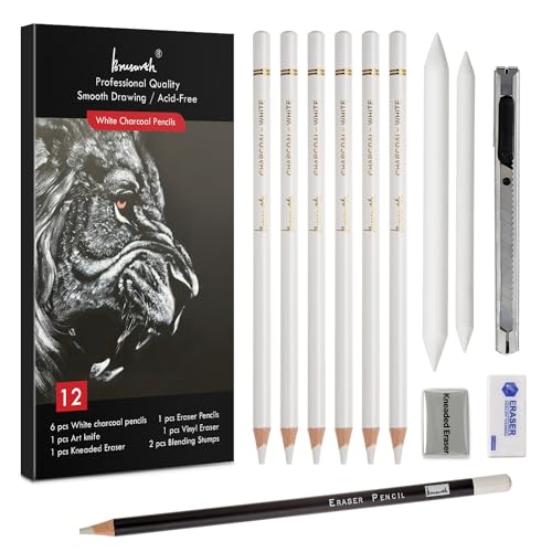 Brusarth Professional White Charcoal Pencils Set, 12 Piece | Sketch Highlight White Pencils Set for Drawing, Sketching, Shading, Blending, Artist Pencils for Artists, Beginners - color: White