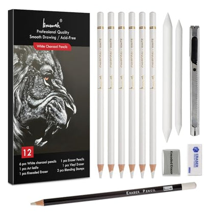 Brusarth Professional White Charcoal Pencils Set, 12 Piece | Sketch Highlight White Pencils Set for Drawing, Sketching, Shading, Blending, Artist Pencils for Artists, Beginners - color: White