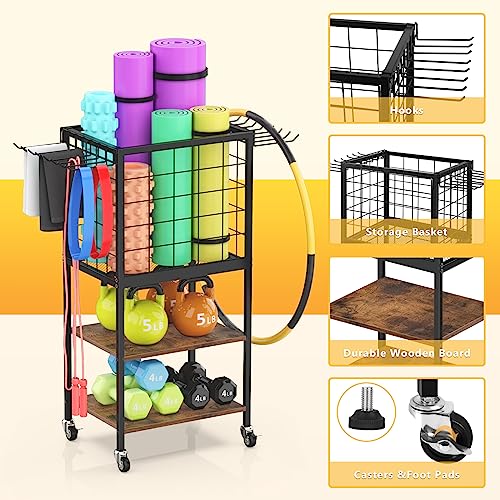 NORCEESAN Home Gym Storage Exercise Equipment Organizer for Home | Gym Storage Organizer, Dumbbell Weight Rack for Yoga Mat, Weight Rack on Wheels, for Home Exercise and Fitness Gear - color: Black and Brown