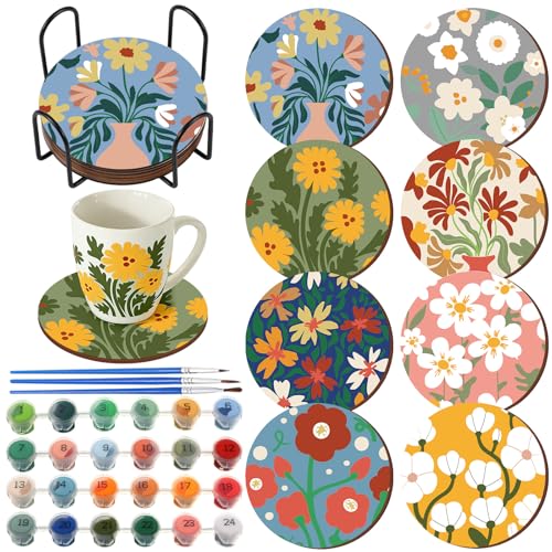 Reallnaive 8 Pcs Flower Paint by Numbers Kit for Adults Floral Coasters | Mini Paint by Numbers, Tiny Round Oil Painting Drink Coaster with Holder, for Small DIY Craft Birthday Gift - style: Flower