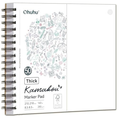 Ohuhu 8.3"x8.3" Double-Sided Bleedproof Marker Pad Art Sketchbook 50 Sheets | Square Sketch Book - 160 LB/280 GSM Smooth Drawing Paper - 50 Sheets/100 Pages - Spiral-Bound Sketch Pad for Alcohol Markers - size: 8.3" x 8.3"