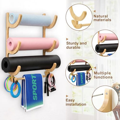 Upgraded 3 Tier Wooden Yoga Mat Rack Wall Mount with Bottom Hanging Bar