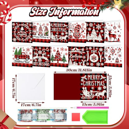 Saillong 12 Pack Christmas Diamond Painting Greeting Card Kits DIY Red Plaid Christmas Diamond Art Cards with Envelopes Xmas 5D Rhinestones Painting for Adults DIY Craft Family Friend Xmas Gifts - color: Plaid Christmas